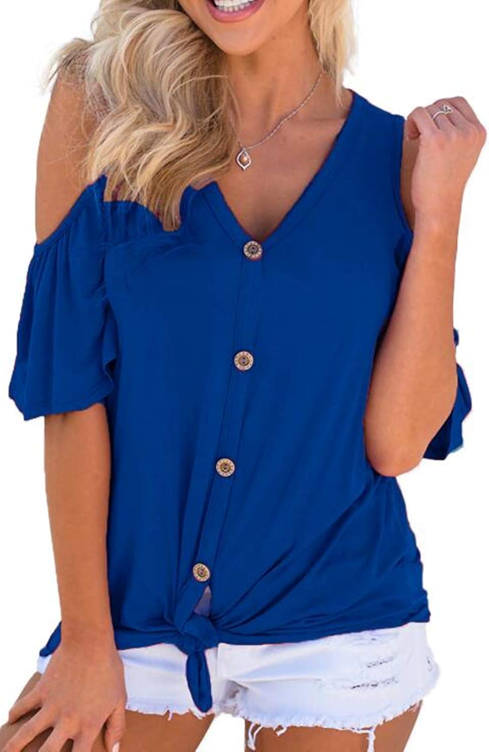 Women's Off Shoulder Knotted Shirt VNeck Button Lotus Leaf Sleeve