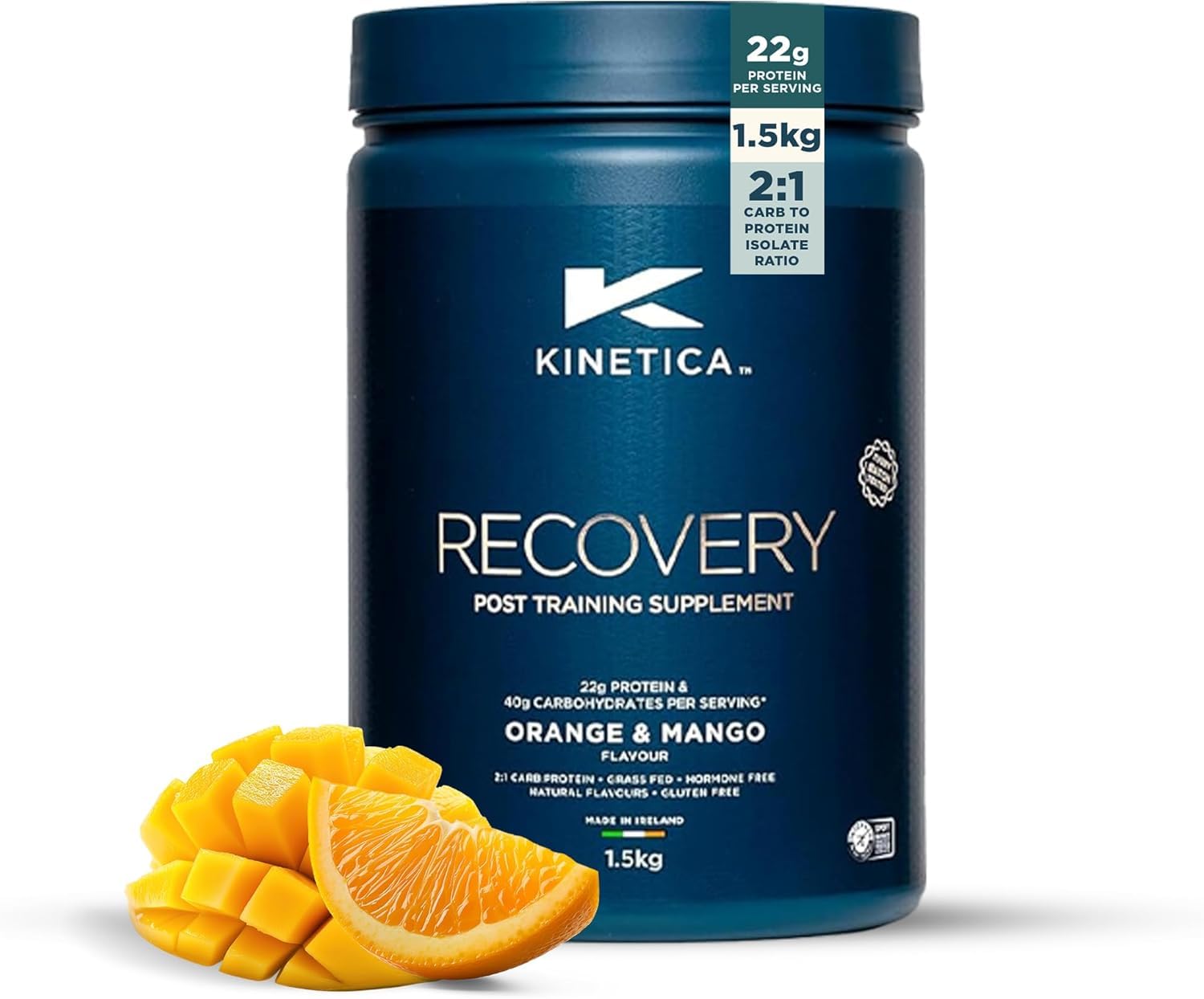 Kinetica Sports Recovery Powder - Orange & Mango Flavour | 20 Servings/1.5kg | 2:1 Carbohydrates to Protein Isolate Ratio | Gluten-Free Post Workout Drink | Muscle Repair & Energy Store Replenisher