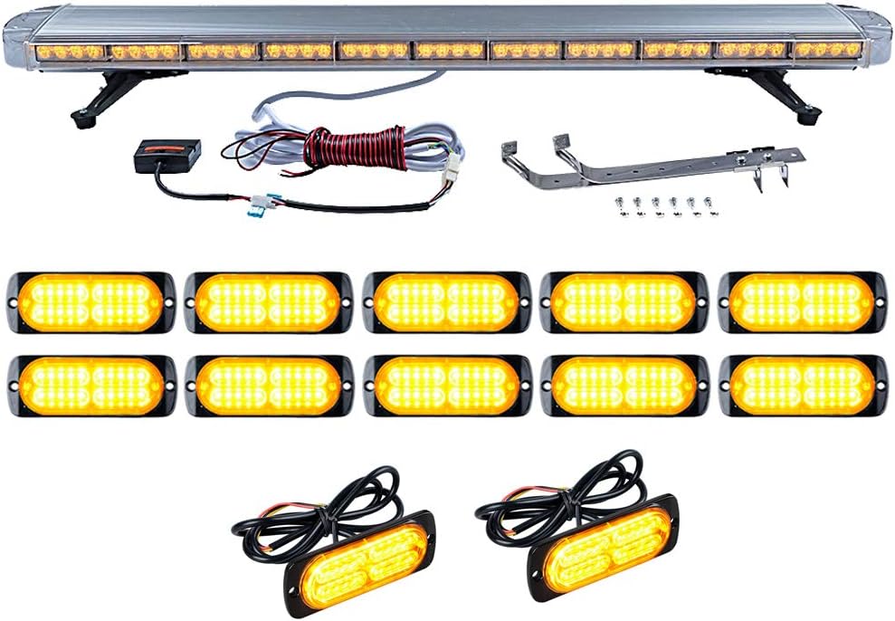 Set 1pc 51" 96-LED 96W Emergency Warning Security & 12pcs Super Thin 20 LED Construction Hazard Dash Grille mini Strobe Light Bar Tow Truck Respone (AMBER)