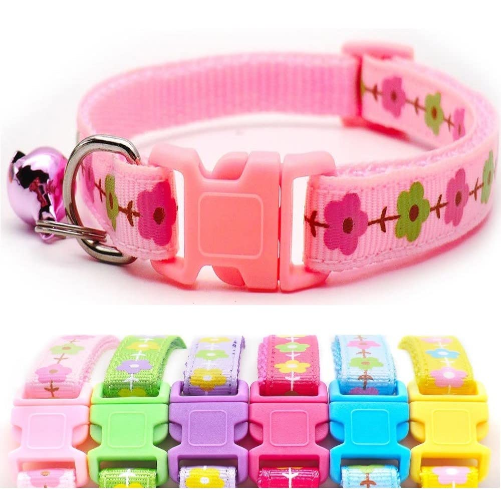 Small Dog Puppy Pet Collar Flower Floral Design with Bell Nylon Adjustable Size 19-32cm Pink