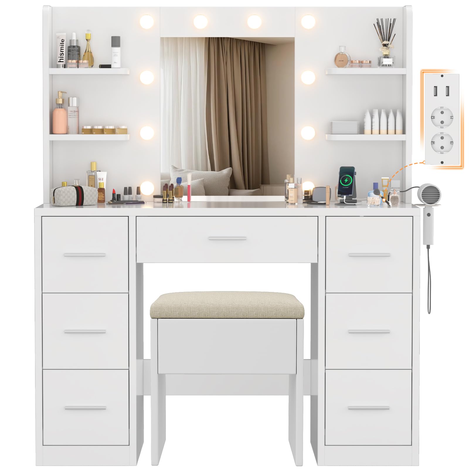 Detailed dimensions of the Devoko Dressing Table and its components.