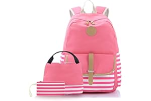 Joyfulife School Backpacks for Teen Girls Lightweight Canvas Backpack Stripe Backpack Kids Bookbags Set 3 in 1