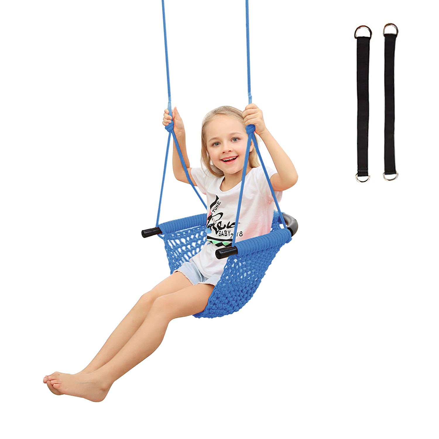RedSwing Swing Seat for Kids, Hand-Knitting Toddler Swing with Adjustable Ropes, Heavy Duty Rope Play Secure Children Swing Set for Tree, Outdoor Indoor, Playground, Blue