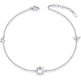 925 Sterling Silver Ankle Bracelets Moon Star Sun Universe/Flower/Sunflower/Heart/Sideway Cross/Sea Turtle Starfish Adjustable Anklet Jewelry Foot Chain for Women 9+1inch