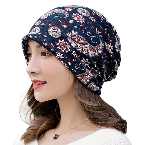 G-LIKE Dual-Purpose Pullover Cap Flower Pattern Sports and Leisure Beanie Outdoor Dome Elastic Ladies Ponytail hat Ear Protection (New-Navy-Blue)