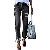 EVALESS Ripped Distressed Jeans Womens Trendy 2025 Mid Waisted Stretchy Pull On Straight Ankle Denim Pants Black Size 16