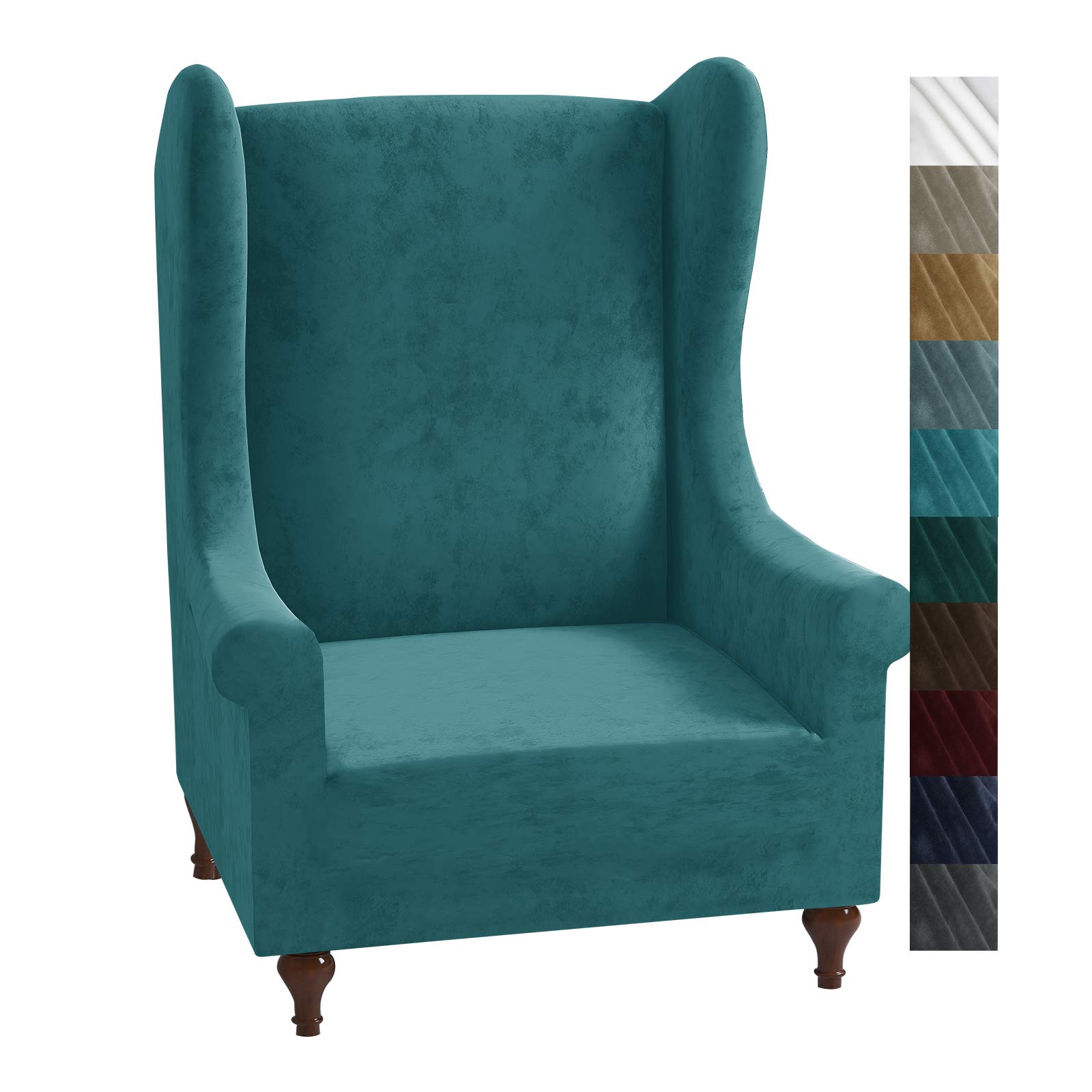 XINEAGE 1 Piece Velvet Wingback Chair Slipcover Stretch Wing Chair Cover Non Slip Furniture Protector with Foam Rods for Living Room (Wingback Chair, Peacock Blue)