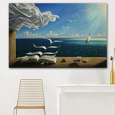 Amazon Co Jp ダリ サルバドールキャンバスアートポスター海の波ブックヨットの画像キャンバス絵画ウラジミールクッシュの発見の日記ウォールアート 40x60cmフレームなし ホーム キッチン