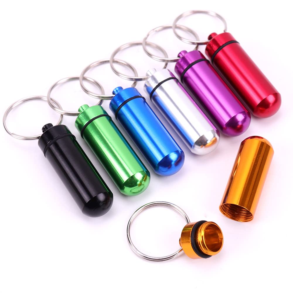 7 Pcs Portable Mini Pill Boxes Waterproof Aluminum Alloy Pills Bottle 7 Colors in 7 Days Pill Holder Keychain Pill Container