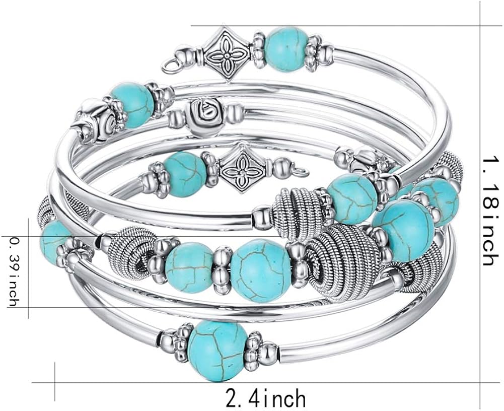 PEARL&CLUB Beaded Chakra Bangle Turquoise Bracelet - Fashion Jewelry Wrap Bracelet with Thick Silver Metal and Mala Beads, Birthday Gifts for Women (A:Turquoise): Jewelry