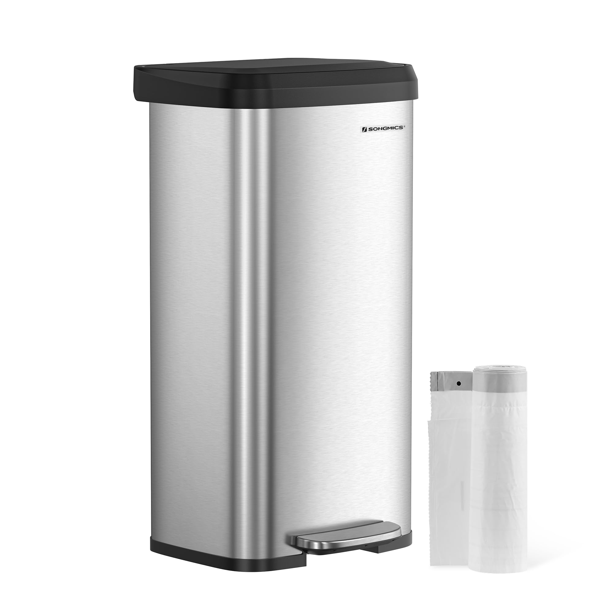 Photo 1 of SONGMICS Kitchen Trash Can, 18-Gallon Stainless Steel Garbage Can, with Stay-Open Lid and Step-on Pedal, Soft Closure, Tall, Large and Space-Saving, Silver and Black ULTB520E68