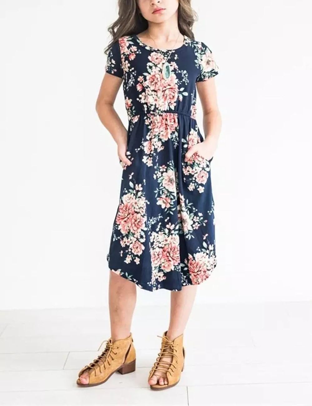 21KIDS Girl Maxi Dress Kids Floral Casual 3/4 Sleeve Dresses with Pocket for Girls 6-12T: Clothing