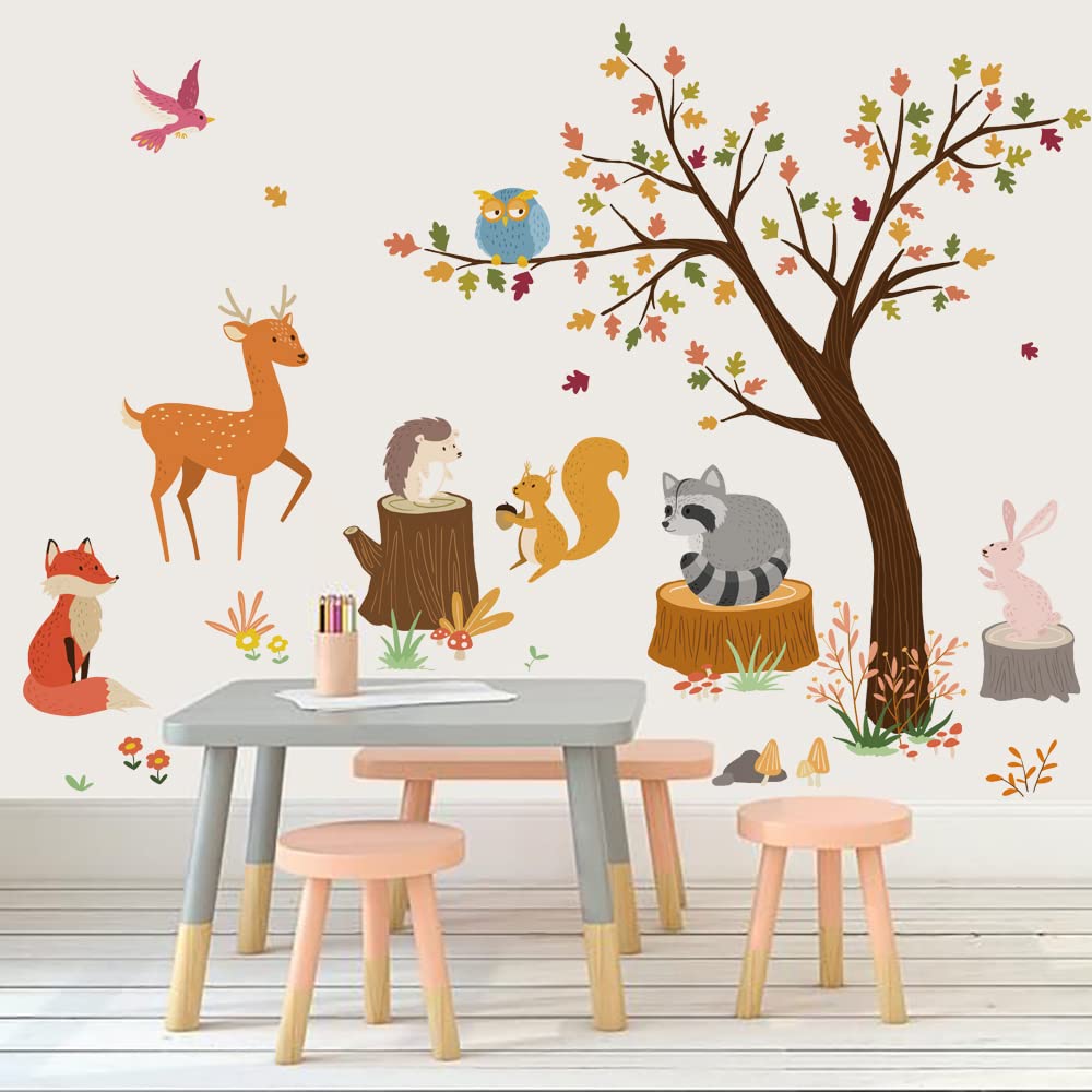 Runtoo Wooland Animals Wall Decals Colorful Tree Owl Fox Nursery Wall Stickers for Kids Bedroom Baby Wall Art Decor