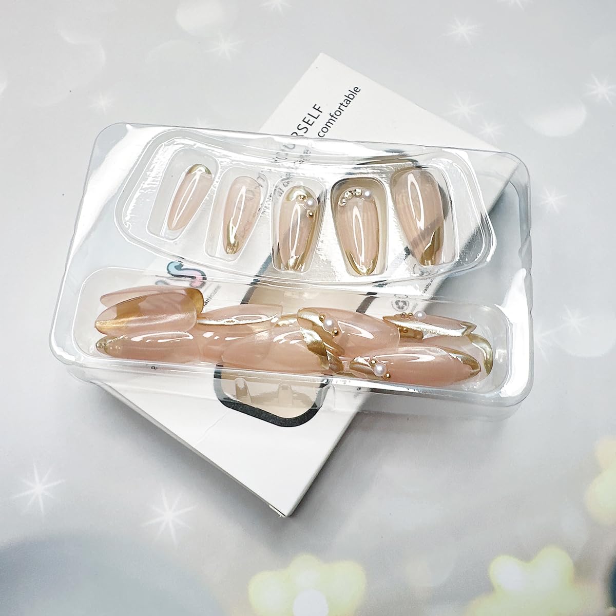 24pcs French Tip Press on Nails Medium Almond Fake Nails with Pearls Rhinestones Design Gold French Line False Nails Full Cover Glue on Nails Glossy Artificial Nails for Women Girl Nail Decoration - Image 2