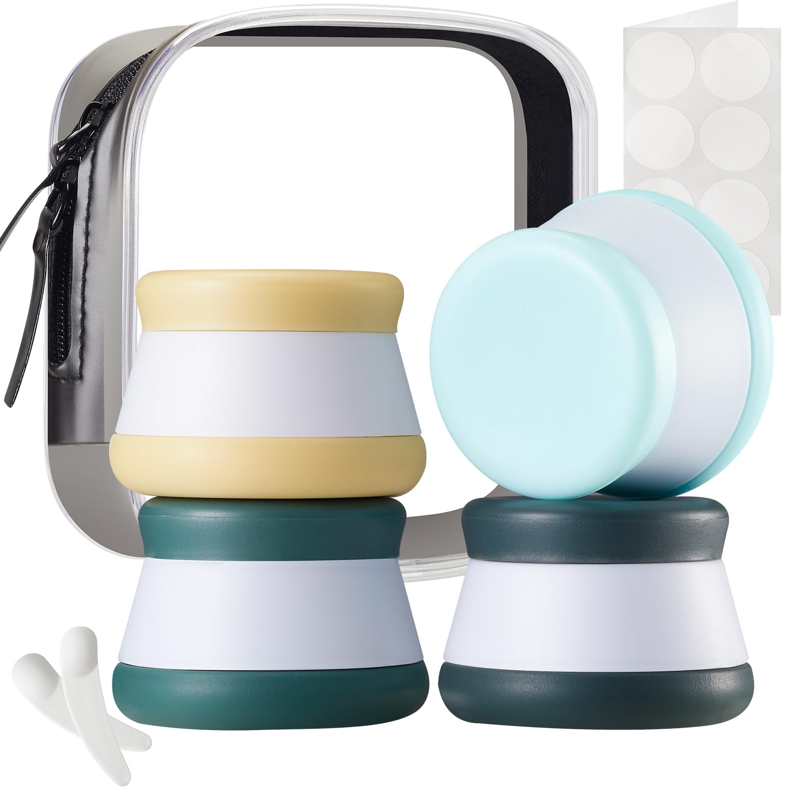 INSFIT 4 Pack Silicone Travel Containers - CAA Compliant 20ml Leakproof Toiletries Jars, BPA-Free Cream Containers with Lids & Labels, UK Travel Essentials (Includes Mini Spatulas)