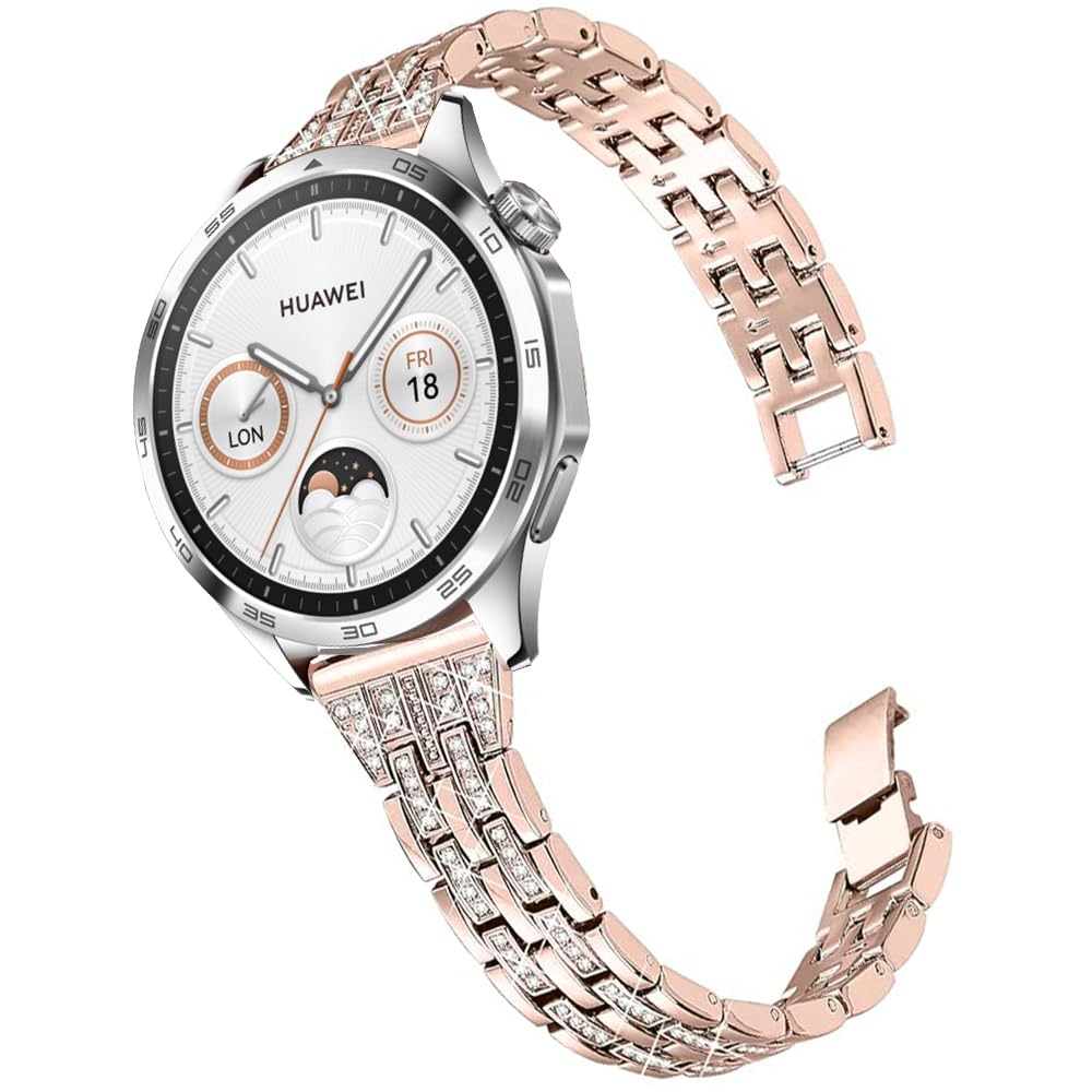 DEALELE Strap Compatible with Samsung Galaxy Watch 46mm / Galaxy 3 45mm / Huawei Watch 4/4 Pro / 3/3 Pro / GT4 / GT3 / GT2 46mm, 22mm Rhinestone Metal Replacement Bands for Women Men, Rosegold