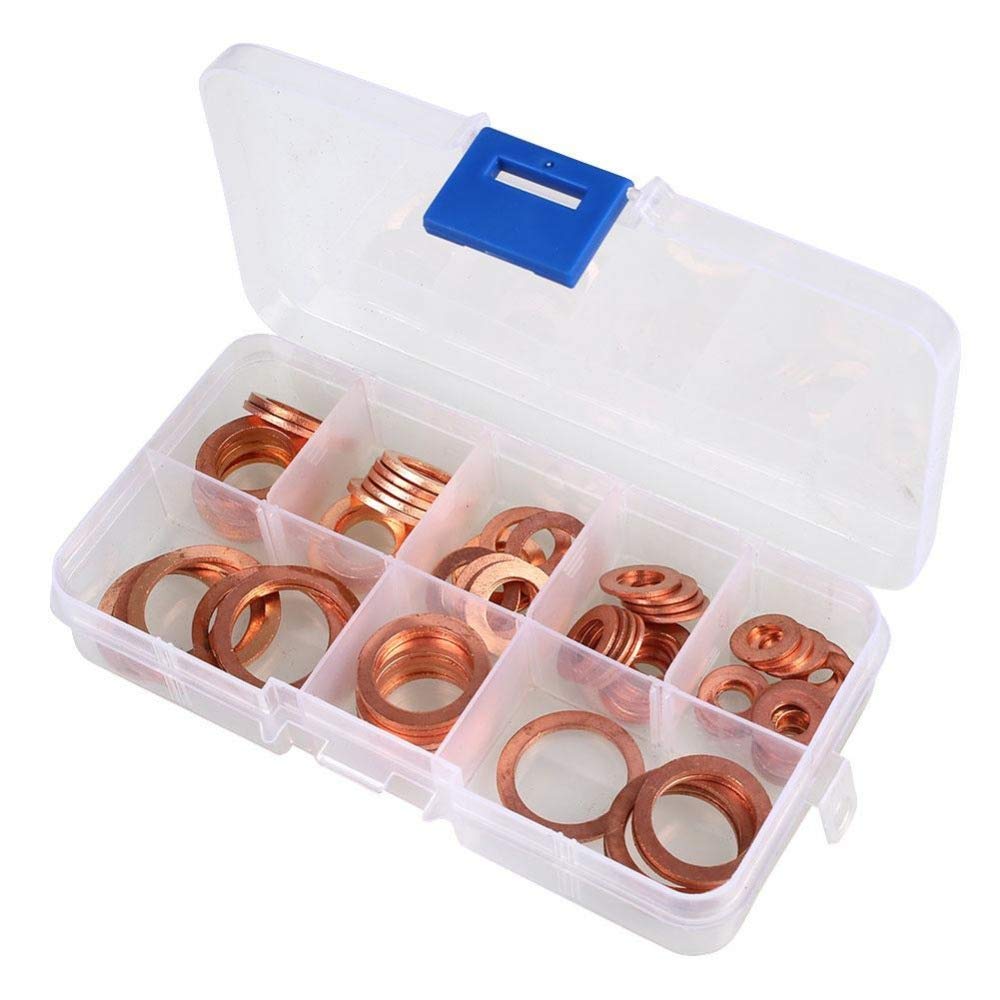 Copper Washers, Sump Plug Washer Set, Solid Copper Sealing Washers Assortment Kit, Oil Drain Plug Gaskets with Storage Box (80Pcs)
