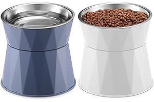 Lallisa Cat Feeder, 2 Pcs Elevated Stainless Steel Bowls with Adjustable Raised Stand, Non-Slip Pet Food and Water Bowl for Cats, Dogs, Hygienic Feeding Eating Pets (Blue, White)