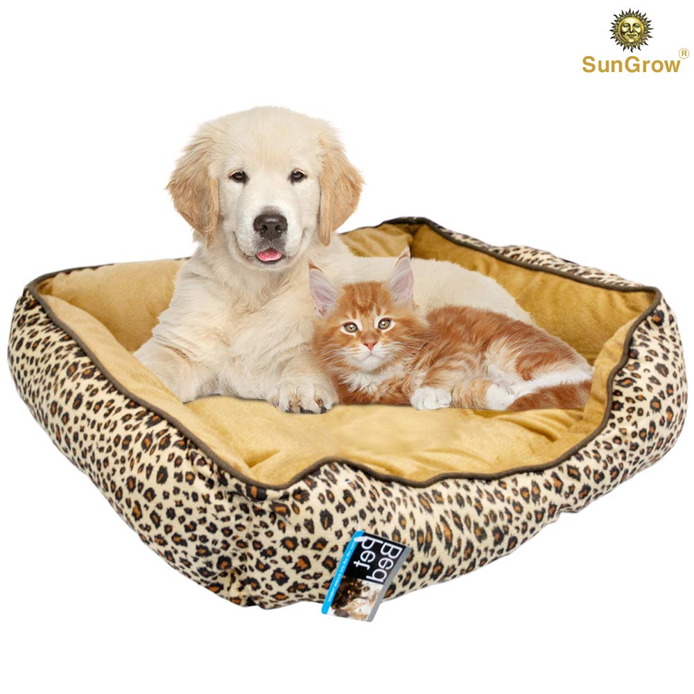 Cozy and Attractive Leopard Print Pet Bed by SunGrow - Easy to Clean Plush Luxury Lounge Bed - Conveniently sized at 20”x19”x5” to provide Comfort and Security to Small or Medium Sized Cats and Dogs