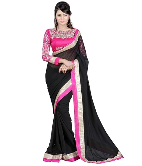 Winza Designer Womens Chiffon Saree with Blouse (NECBLO-BLACK_Black)