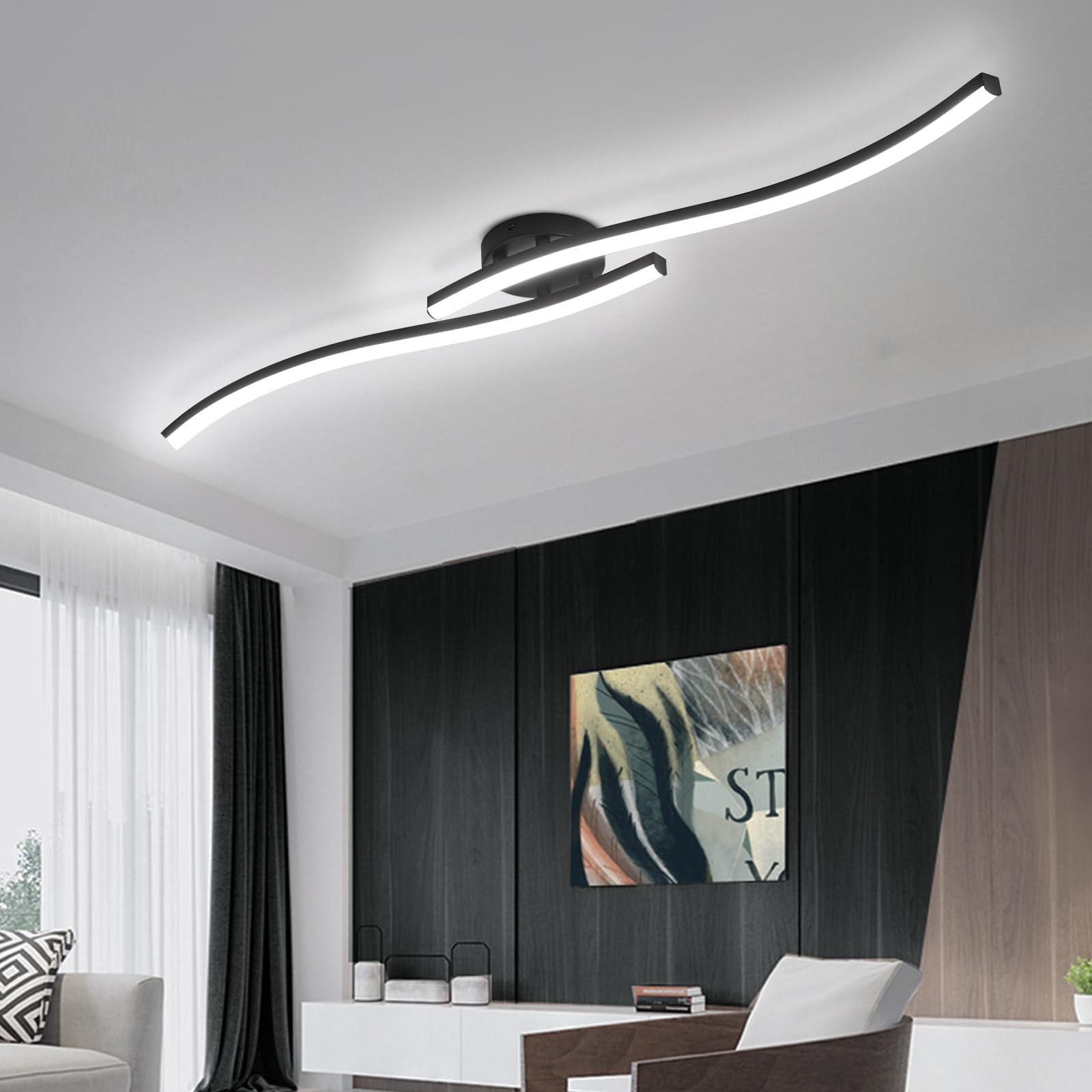 Photo 1 of 39.37Inch Linear Ceiling Light 6000K Black Modern Ceiling Light Fixture 28W Long Flush Mount Ceiling Lamp for Hallway, Kitchen, Bedroom, Dining Room