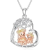 LWXIE Diamond Bear Necklace 925 Sterling Silver Mama Bear Heart Pendant Jewelry for Women Mom Daughters Birthday Gifts