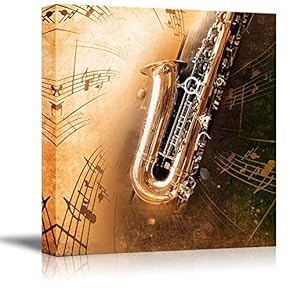 Canvas Prints Wall Art - Retro Sax with Old Yellowed Texture Background (Saxophone) | Modern Wall Decor/Home Decoration Stretched Gallery Canvas Wrap Giclee Print. Ready to Hang - 12" x 12"