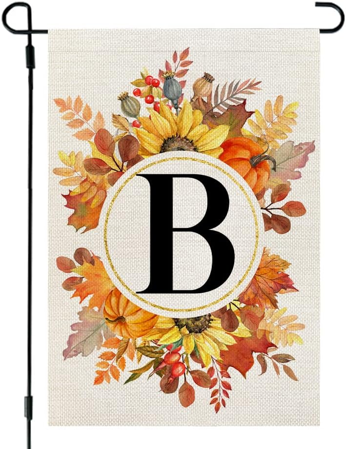 Flags - CROWNED BEAUTY Fall Monogram Letter B Garden Flag Sunflower Pumpkin Leaves 12x18 Inch Double Sided Outside Small Burlap Family Last Name Initial Yard Decoration CF981-12