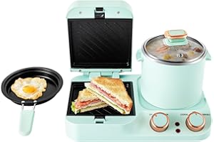 3-in-1 Retro Breakfast Station - Includes Frying Pan, Boiling Pot and Food Steamer, Mini Electric Toaster Bread Breakfast San