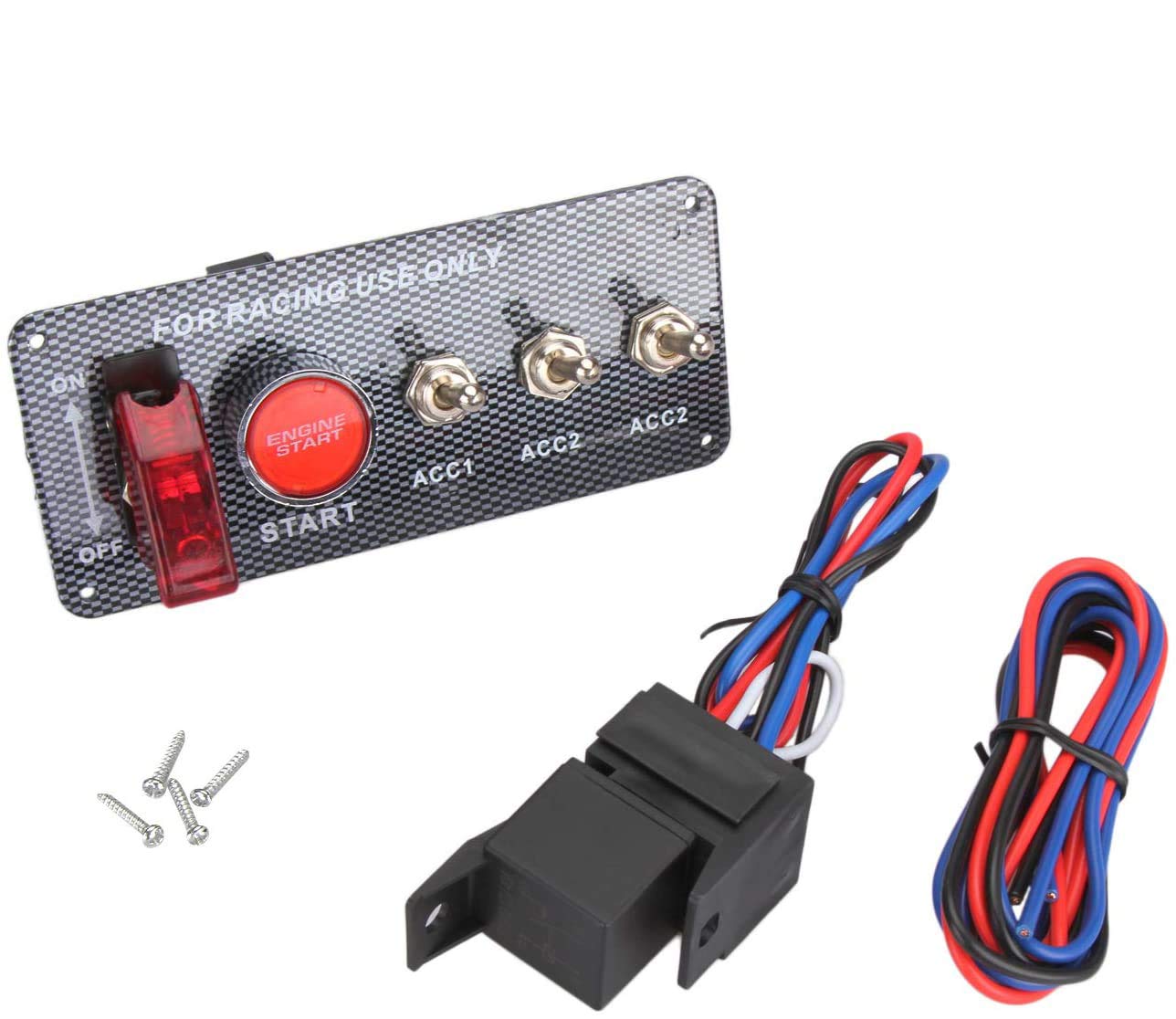 Madlife Garage 5 Switch 12V Car/Boat Racing Ignition Engine Switching Panel Start Push Button Toggle With Aircraft Cover Carbon Fiber Face Plate