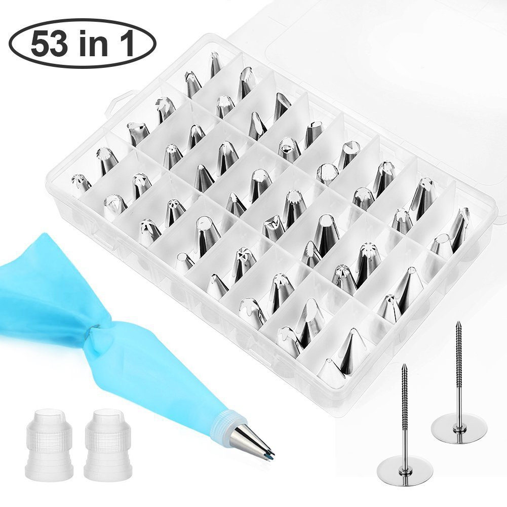 Cake Cupcake Decorating Supplies Kit 53pcs, Yblntek 48 Cake Decoration Icing tips, 2 Flower Nails, 2 Coupler and a Silicone Pastry Bags Baking Supplies Frosting Tools Set for Cookies
