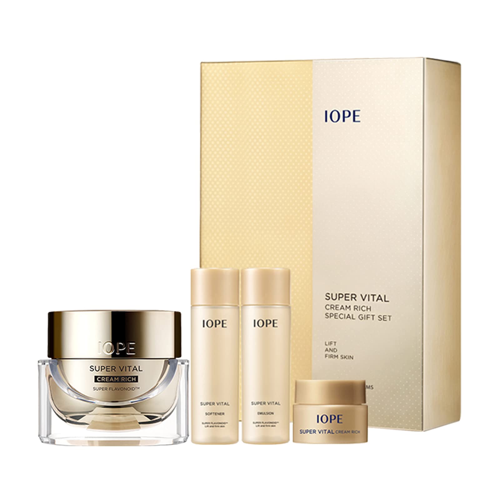 IOPE Super Vital Cream Rich Set - Anti Aging Cream, Face Toner, Lotion, Korean Skin Care - Facial Treatment Kit for Deep Moisturizing, Anti Wrinkle for Sensitive, Dry Skin - 4pcs Gift Set