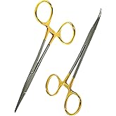 Premium German Stainless- Set of 2 PCS Gold Handle Mosquito Locking HEMOSTAT Forceps Straight + Curved 5"-Cynamed