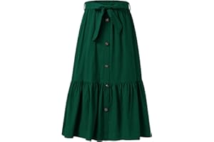 Kukume Maxi Skorts Skirt for Girls Button Front High Waisted Long Skirt with Belt Ruffled Skirts with Pocket 3-12Years