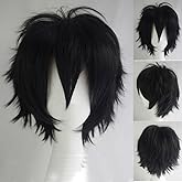 S-noilite Unisex Short Cosplay Black Hair Wig Women Men Male Fluffy Straight Pixie Wigs for Cartoon Anime Comic-cons Party Halloween Costume Black
