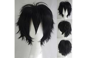 S-noilite Unisex Short Cosplay Black Hair Wig Women Men Male Fluffy Straight Pixie Wigs for Cartoon Anime Comic-cons Party Halloween Costume Black