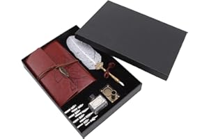 Quill Pen Notebook Set, Feather Writing Pen Gift with 8 Replaceable Nibs and Loose Leaf Paper, Antique Leather Journal for Te