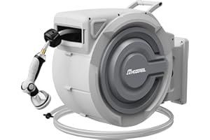 5/8" x 100 FT Retractable Garden Hose Reel by HOZEREEL, Outdoor Garden Hose Reels - Automatic Self Retract Wall Mount Hose Reel Enclosed Storage, Any Length Lock, 10 Pattern Nozzle-Grey