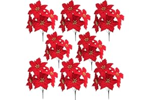WISTART 8 Pack Christmas Artificial Poinsettia Flowers Velvet Plastic Floral Bouquet Small 7 Head Silk Red Shrub Fake Flowers Arrangement for Winter Indoor Outdoor Home Porch Xmas Holiday Decor