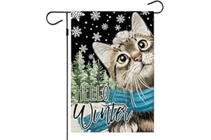CROWNED BEAUTY Hello Winter Garden Flag Snow Cat 12x18 Inch Small Double Sided Blue Burlap Yard Decorative Holiday Seasonal Outside Welcome Decoration