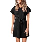 EVALESS Womens Spring Summer Dresses 2026 Casual Round Neck Ruffle Short Sleeve Flowy A Line Mini Dress with Pockets