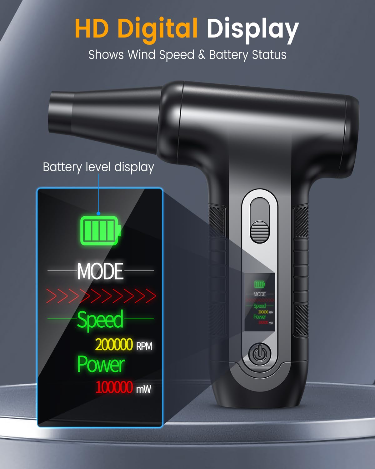 Elektrische Staubgebläse 200000 RPM mit HD‑Display - Air Duster Mini‑Gebläse für PC‑Reinigung mit LED‑Licht, Druckluftspray für Tastatur, Elektronik, Air Blower, W06, Schwarz 2