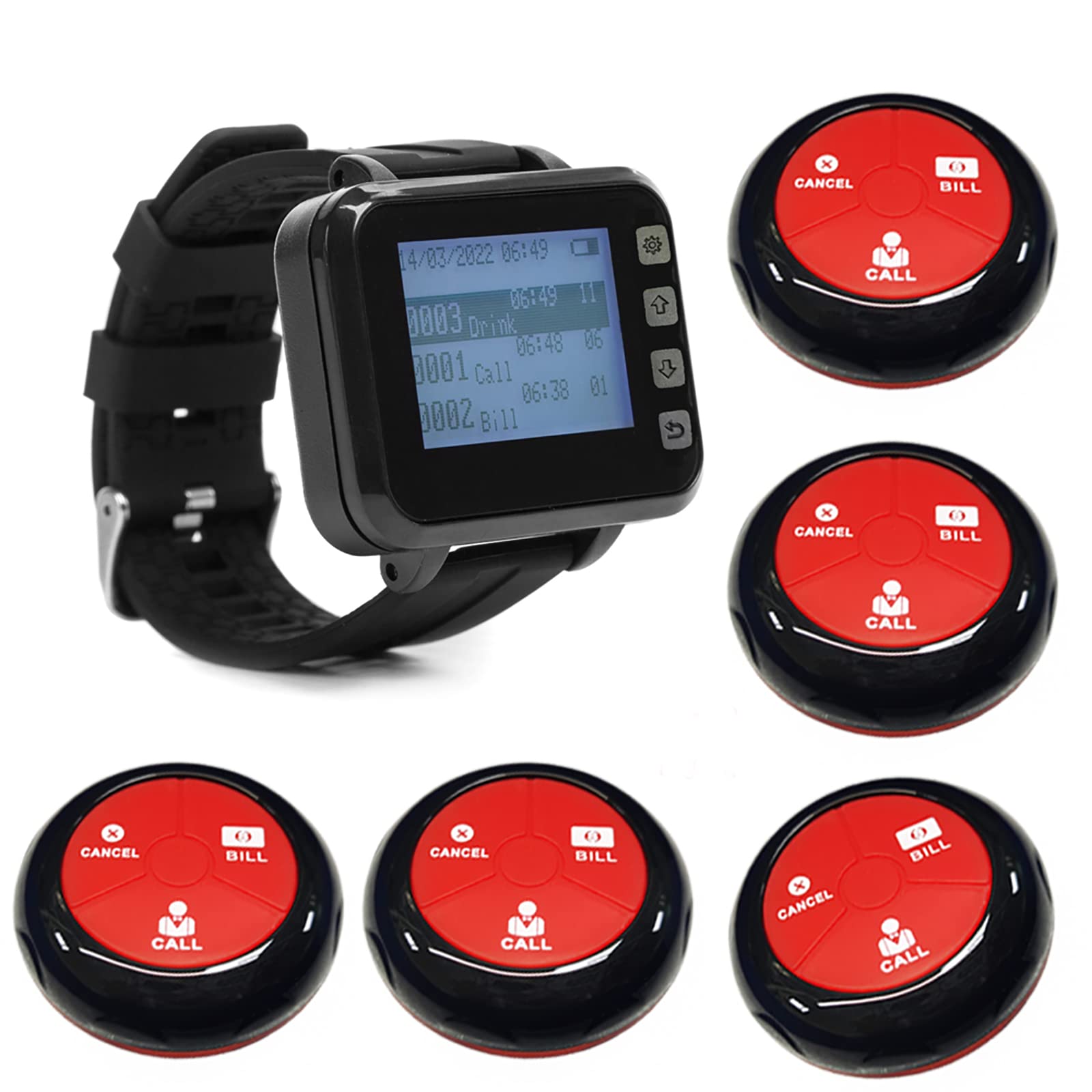 CYSSJF Wireless Calling System Restaurant Pager System Table Calling System Waiter Calling System with 5 Waterproof Call Buttons and 1 Watch Display Receiver for Restaurant, Cafes, Factory, Clinic