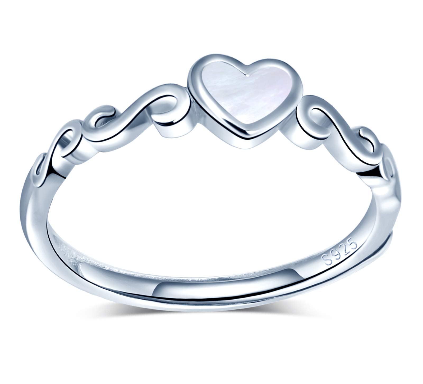 INFINIONLY Women's Open Ring, 925 sterling silver girl's adjustable ring, mini heart white shell ring, Inlaid zircon, Wedding ring, Christmas Mother's Day Valentine's Day and Birthday gift