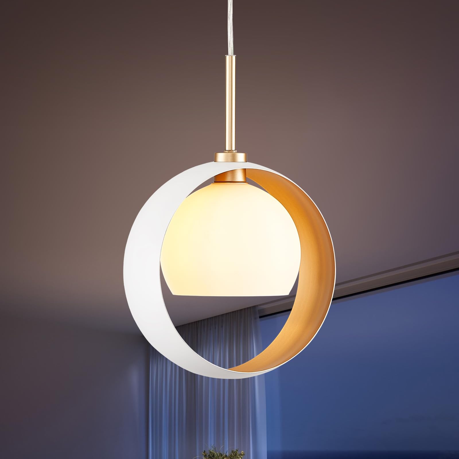 Photo 1 of ONESMING Mid Century Pendant Light, Modern Mini Kitchen Island White and Gold Hanging Pendant Lights, Glass Globe Lighting Fixture Chandelier for Dining Room, Hallway, Foyer