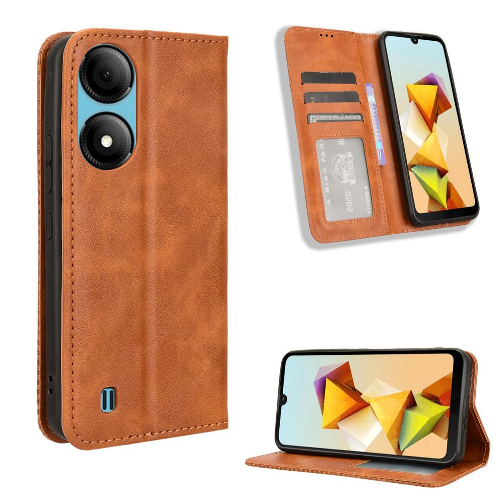 COMAKU Compatible with ZTE Blade A33s Case Leather - Flip Cover Protection magnetic Phone Case wallet with Card Holder - Brown
