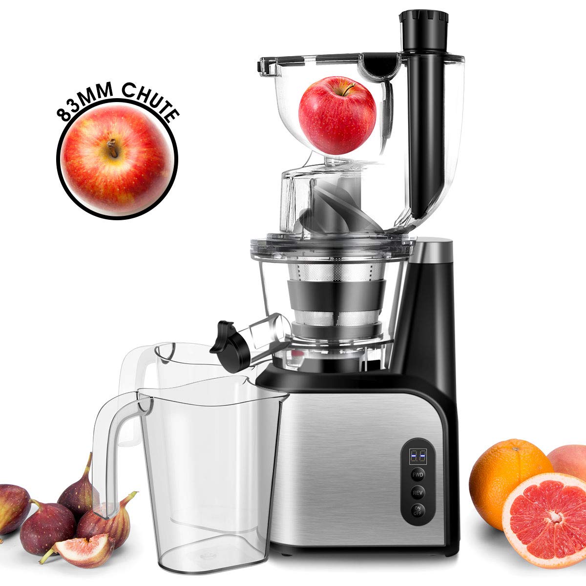 Slow Masticating Juicer Extractor, CUSIBOX 83mm (3.27inch) Wide Chute Cold Press Juicer with Quiet Motor and Reverse Function, High Nutrient Vegetable Juice and Fruit Jam