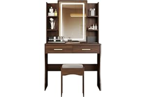 Vanity Desk with Lighted Mirror and Stool, Makeup Dressing Table with Storage Shelves and Drawers (Wooden Color)