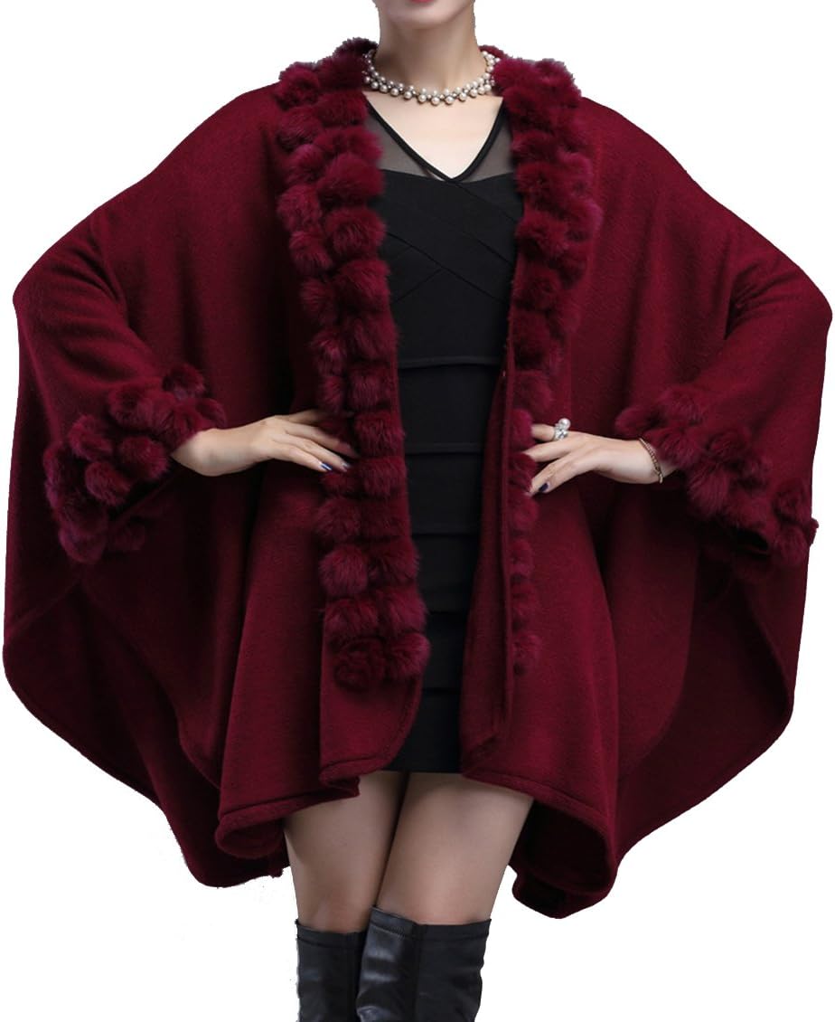 Helan Women's Rabbit Fur Ball Knitting Fashion Cape Coat