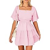 Shy Velvet Women's Summer Dress Square Neck Short Sleeves Crossover Waist Casual Party Mini Dress